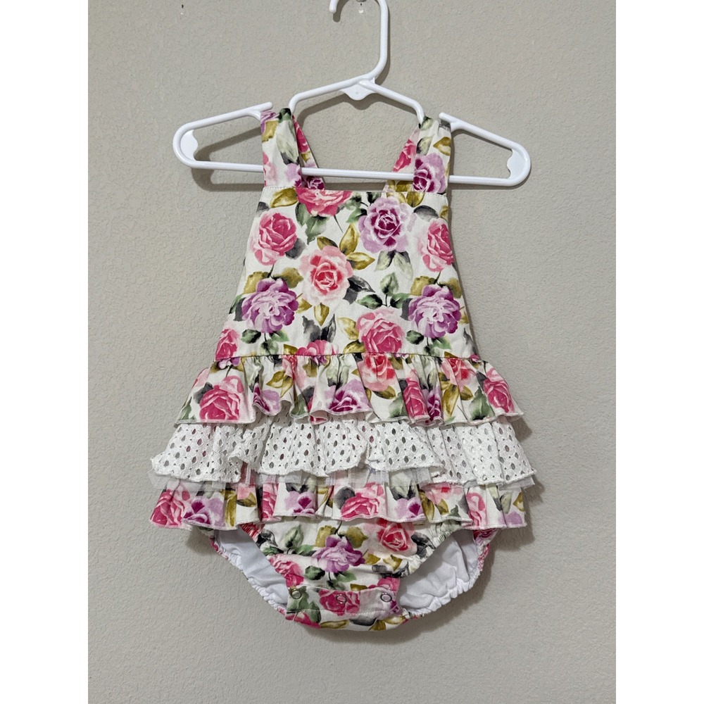 Rare Editions Floral Ruffle Romper Baby Girl 12M Pink Rose Eyelet Lace Tiered
